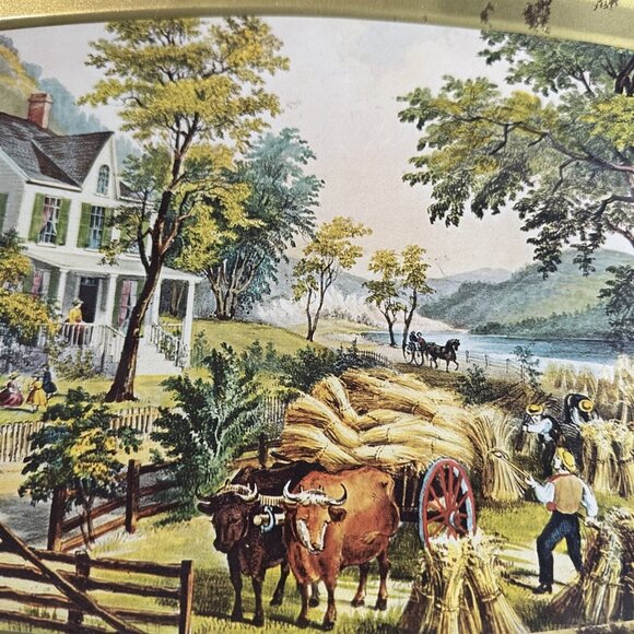 VINTAGE CURRIER & IVES HARVEST TIME METAL SERVING TRAY - Picture 5 of 8